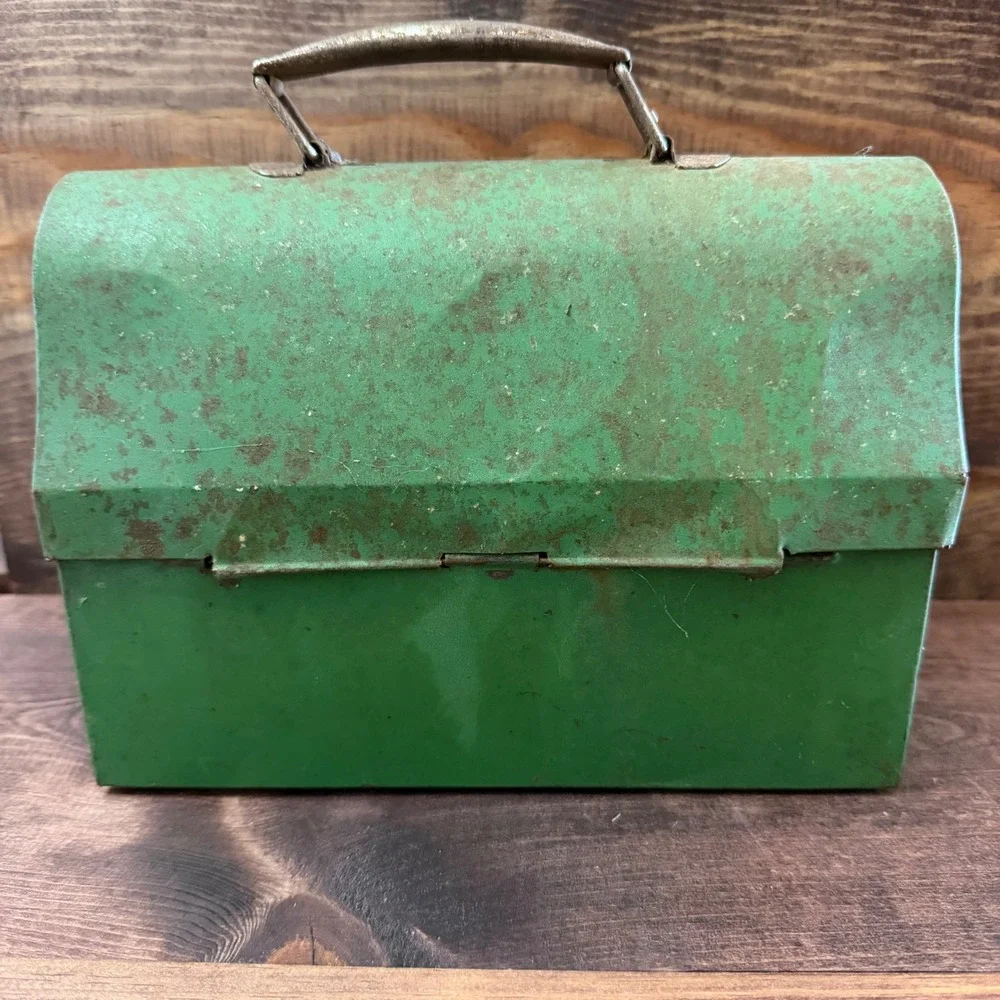 Vintage Antique Green Metal Dome Top Lunch Box Pail Star Embossed Patented 1920s